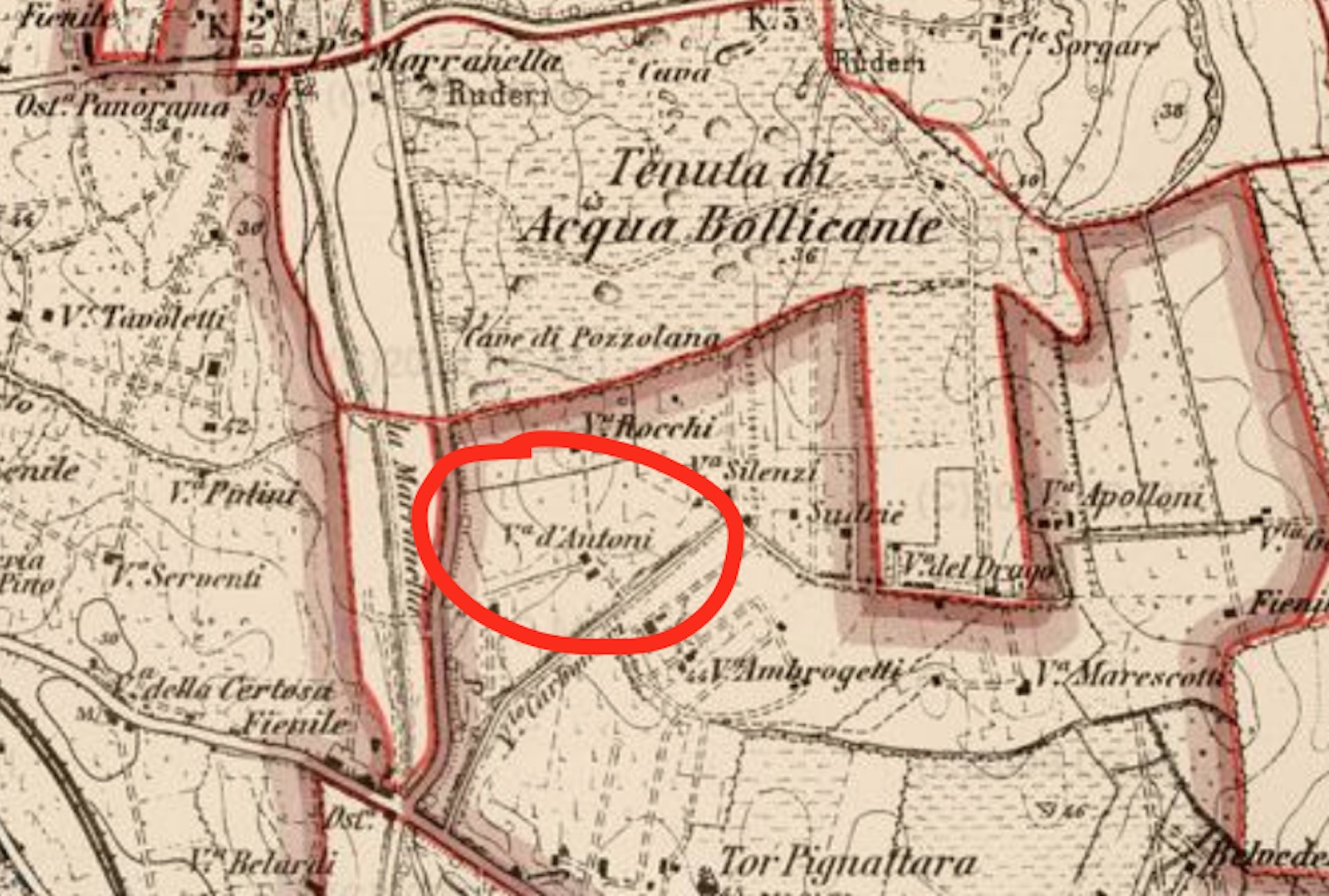 Ubicazione del casale Mengoni-D'Antoni su mappa IGMI del 1907