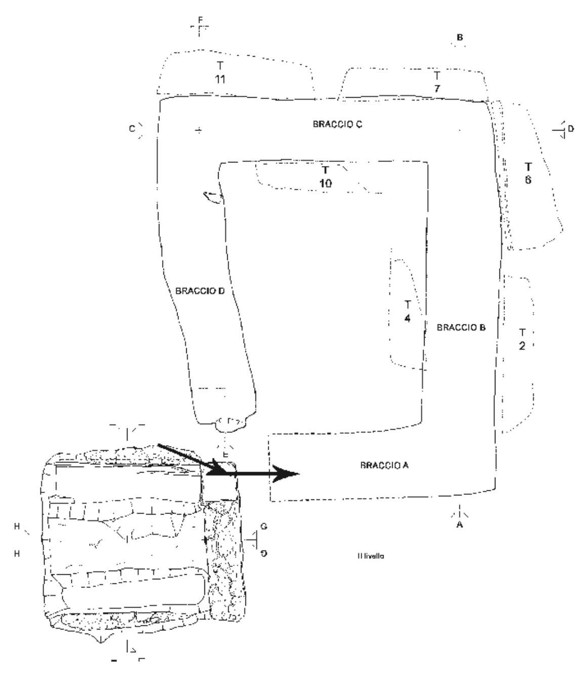 Schema degli ambienti con Affiancamento dell’ipogeo (secondo livello) e della struttura soprastante
